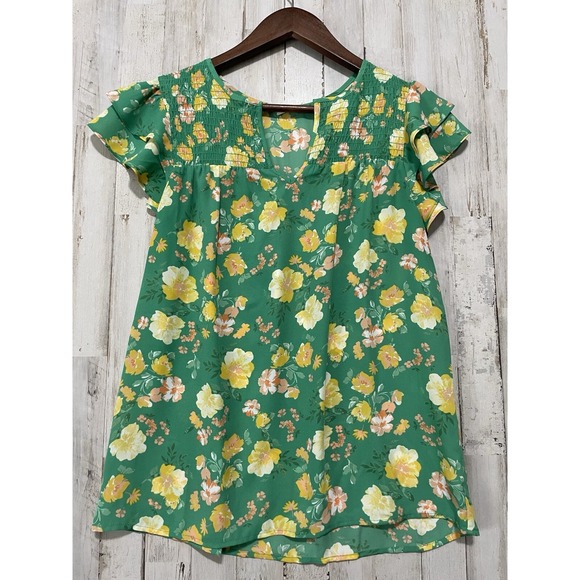 Pleione Tops - Pleione Blouse Womens Size Small Short Sleeve Green Floral